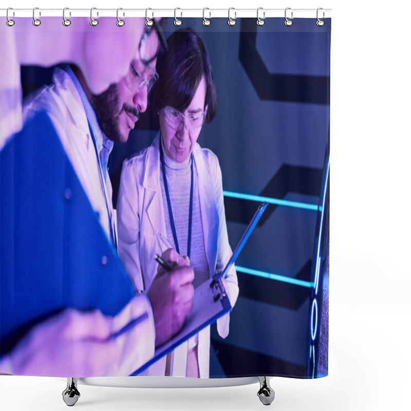 Personality  Futuristic Documentation: Three Scientists Record Parameters In Neon-Lit Science Center Shower Curtains