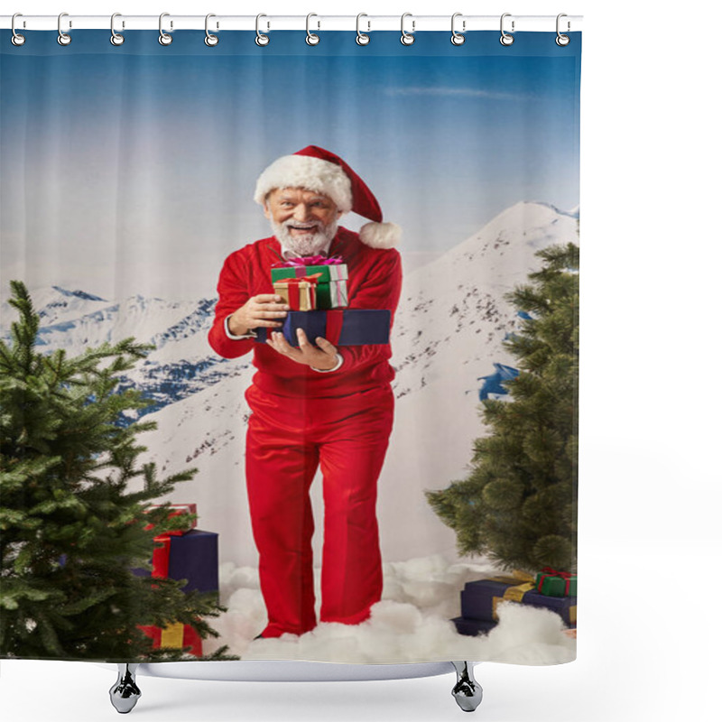 Personality  Jolly Santa With Presents In Hands Smiling At Camera With Snowy Mountain Backdrop, Winter Concept Shower Curtains