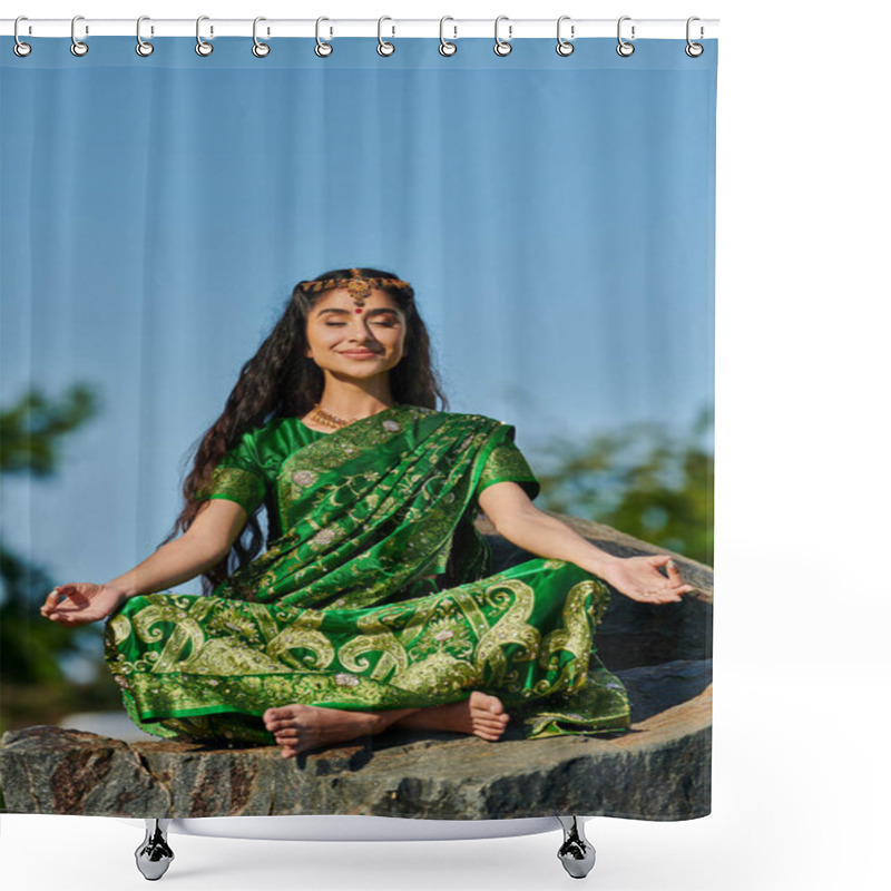 Personality  Smiling Indian Barefoot Woman In Sari Meditating On Stone With Blue Sky On Background Shower Curtains