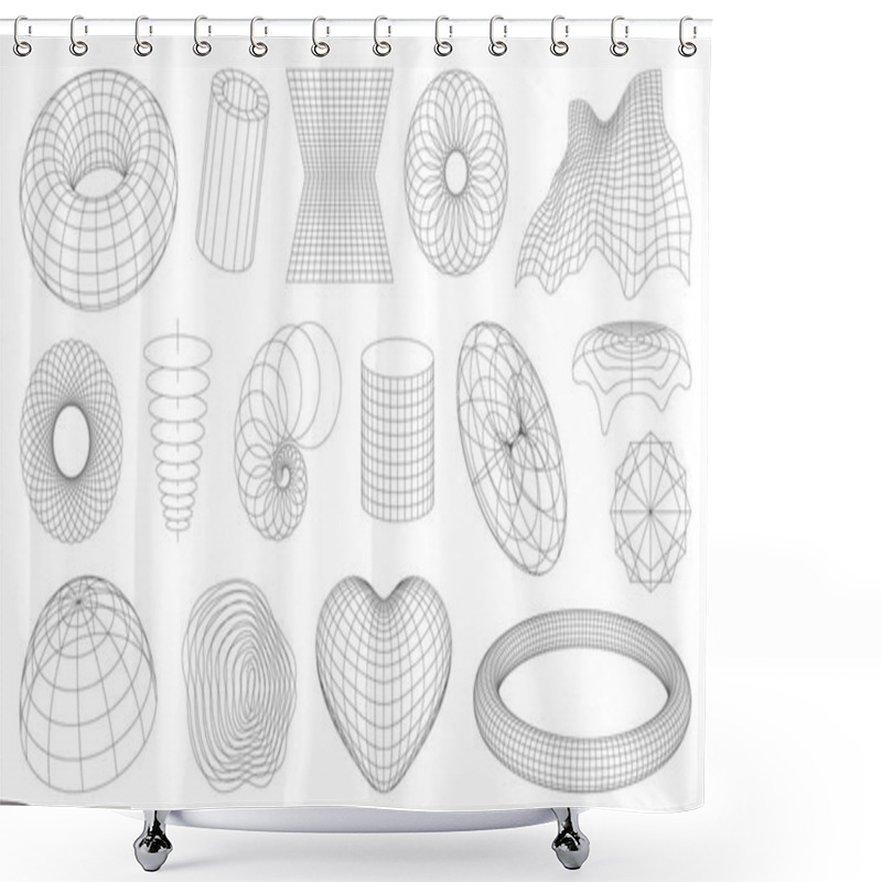 Personality  3d Wireframe Shapes, Brutal Perspective Grid, Retro Tech Mesh Abstract Geometric Figures. Vector Wireframe Sphere, Globe, Torus And Heart, Wave And Spiral Grid, Cylinder, Tunnel And Polygon Shape Mesh Shower Curtains