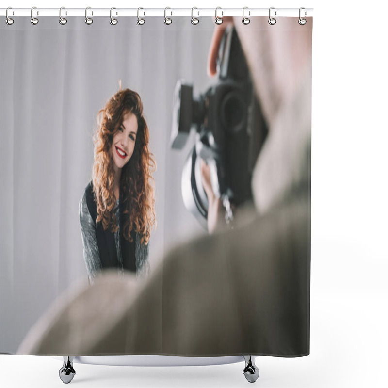 Personality  Taking Photos With Beautiful Model  Shower Curtains