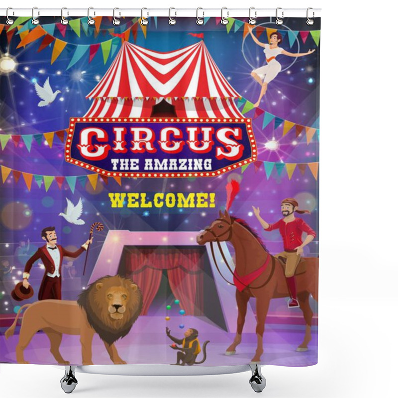 Personality  Circus Show Of Acrobat, Magician, Juggler, Animals Shower Curtains