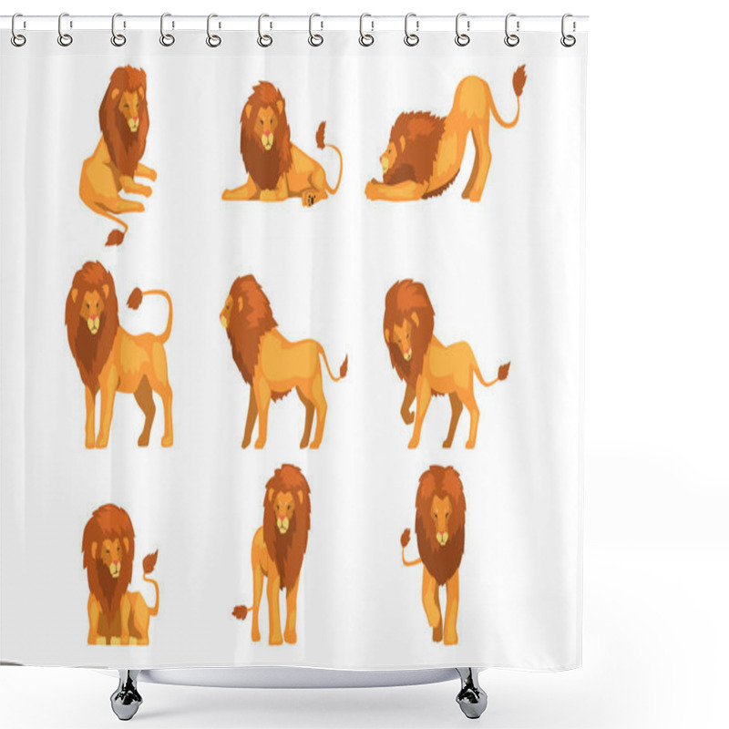 Personality  Proud Powerful Lion Character In Different Actions Set Of Cartoon Vector Illustrations Isolated On A White Background. Shower Curtains