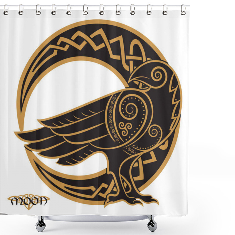 Personality  Raven Hand-drawn In Celtic Style, On The Background Of The Celtic Moon Ornament Shower Curtains