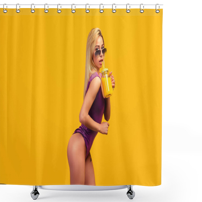 Personality  Alluring Tattooed Model With Refreshing Drink Shower Curtains