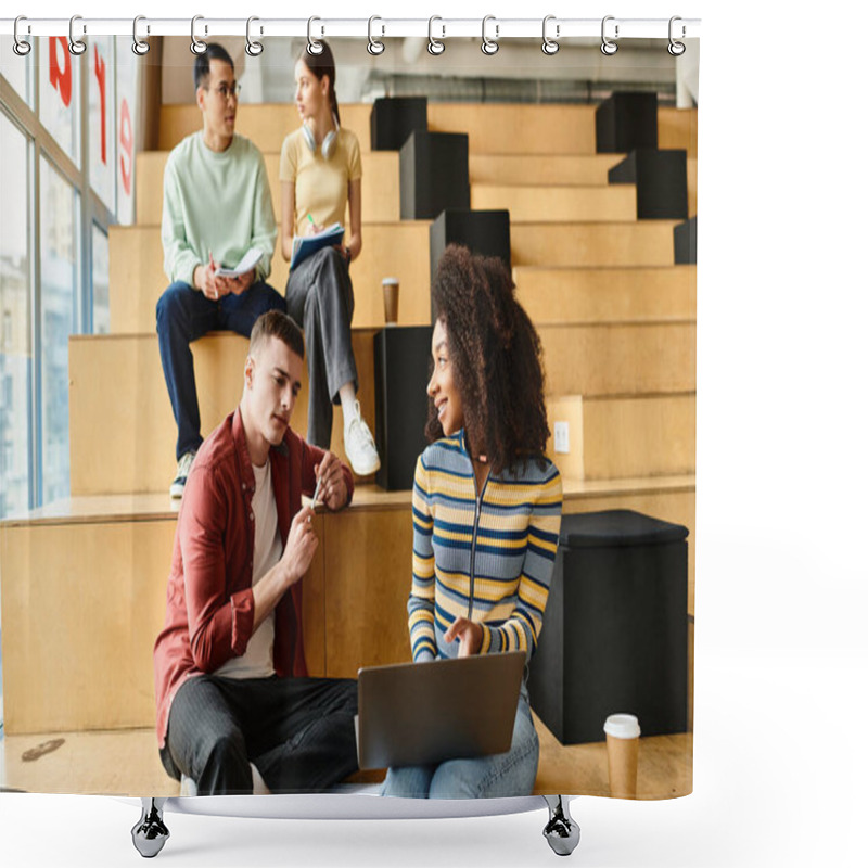 Personality  A Multicultural Group Of Students Sitting Around A Laptop, Engaged In Educational Activities, Brainstorming, And Collaboration Shower Curtains