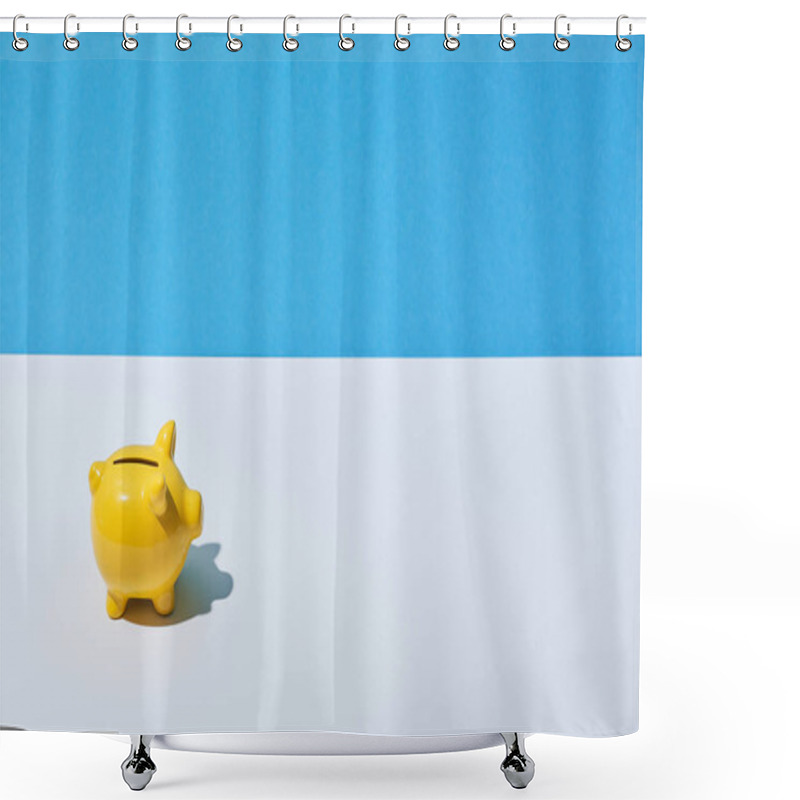 Personality  Yellow Piggy Bank On White Desk And Blue Background Shower Curtains