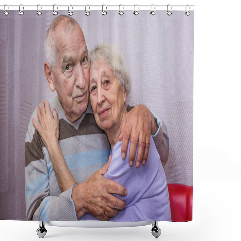 Personality  Happy Senior Old Man And Woman Embracing Looking At Camera, Romantic Family Couple, Love Care Devotion In Senior People Marriage Shower Curtains