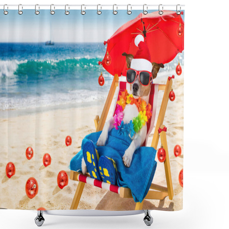 Personality  Dog In Hammock  As Santa Claus On Christmas At The Beach Shower Curtains