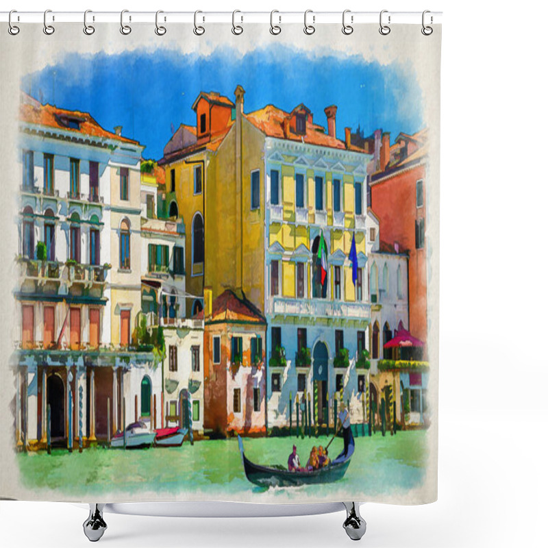 Personality  Watercolor Drawing Of Venice: Gondolier And Tourists On Gondola Traditional Boat Sailing On Water Of Grand Canal Waterway With Venetian Architecture Typical Colorful Buildings Background Shower Curtains