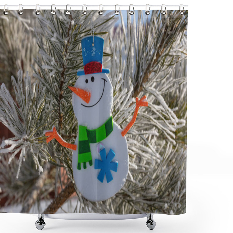 Personality  Close Up Shot Of A Toy Snowman In A Hat And Scarf Hanging On The Christmas Fir Tree Outside During Winter Season. Fir Twigs Covered With Snow. Winter Holidays Decoration Concept. Shower Curtains