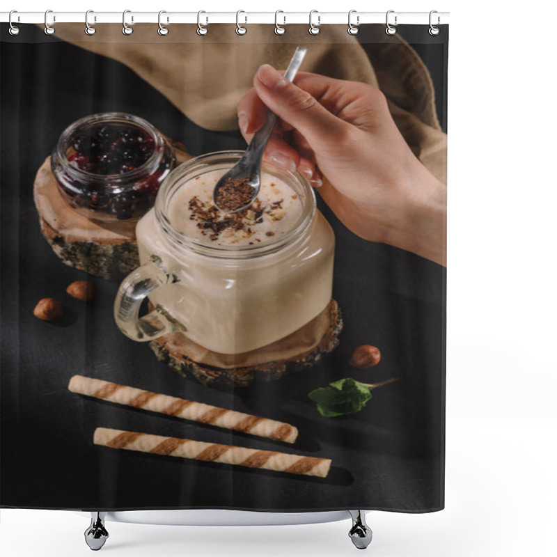 Personality  Cropped Shot Of Female Hand Putting Chocolate Shavings In Milkshake, Mint, Sweet Straws And Currants On Table  Shower Curtains