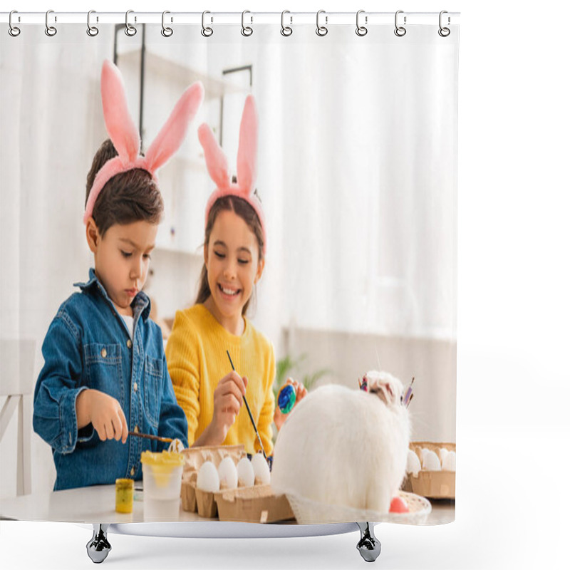 Personality  Cheerful Kids In Bunny Ears Painting Easter Eggs While Sitting At Desk Near White Rabbit In Wicker Shower Curtains