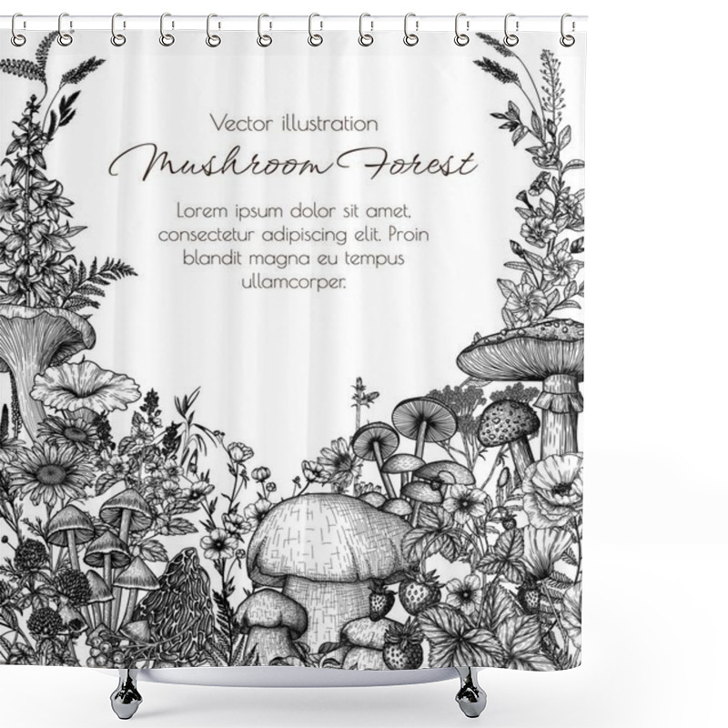 Personality   Vector Forest Frame With Mushrooms, Plants, Herbs. Fly Agaric, Chanterelles, White Mushroom, Morels, Mycena, Chicory, Chamomile, Poppy, Buttercups, Veronica, Periwinkle, Clover, Bluebells, Wild Strawberries Shower Curtains