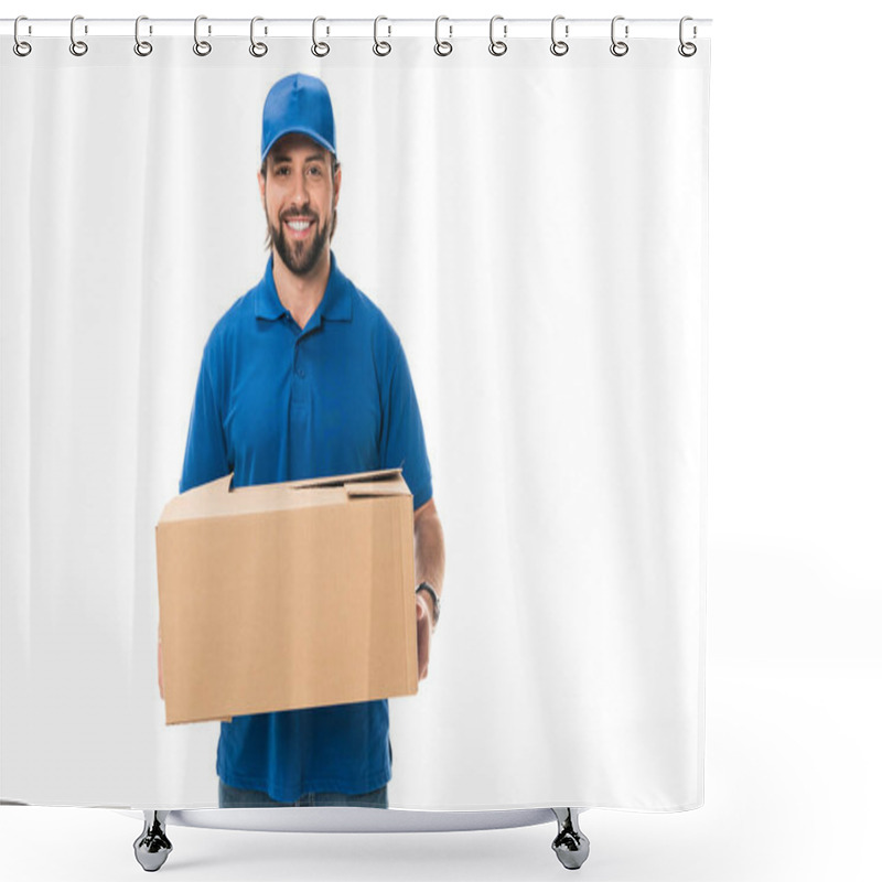 Personality  Handsome Happy Young Delivery Man Holding Cardboard Box And Smiling At Camera Isolated On White  Shower Curtains