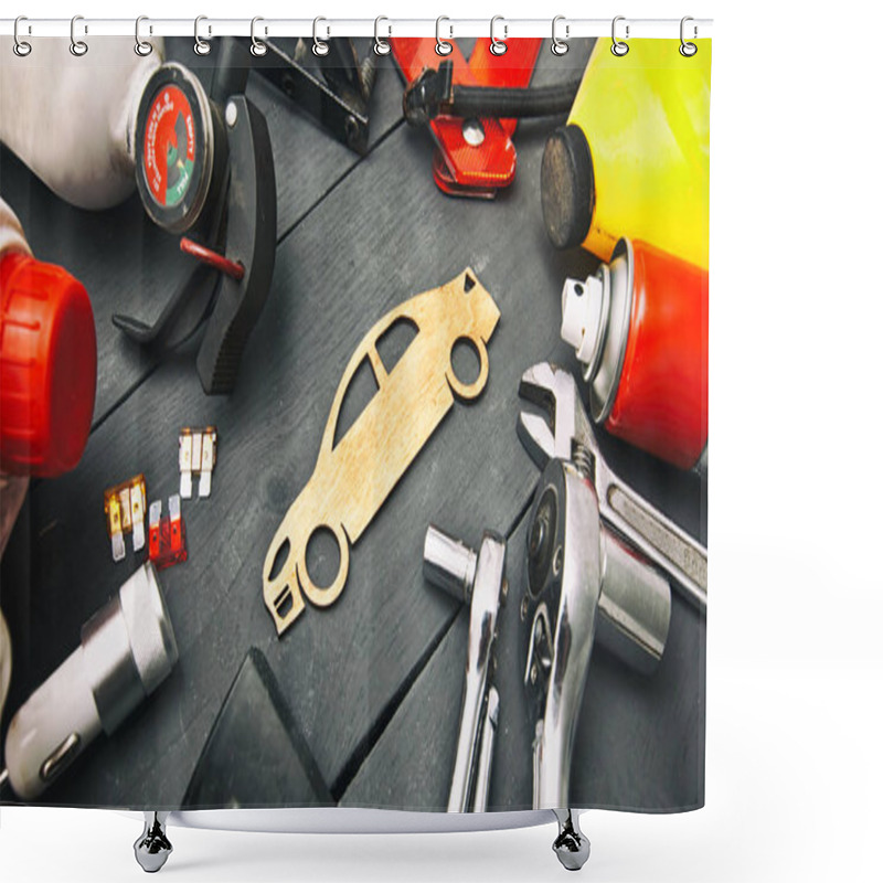 Personality  A Lot Of Different Car Accessories And Equipment On The Wooden T Shower Curtains