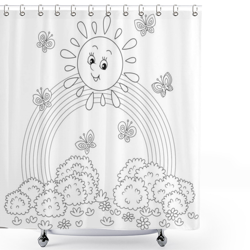 Personality  Friendly Smiling Sun With A Rainbow And Butterflies Merrily Flittering Over A Pretty Field With Flowers And Bushes After Warm Summer Rain, Black And White Outline Vector Cartoon Shower Curtains