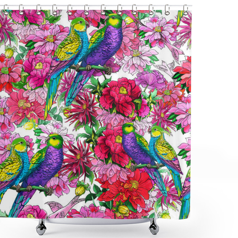 Personality  Parrots And Beautiful Flowers Shower Curtains