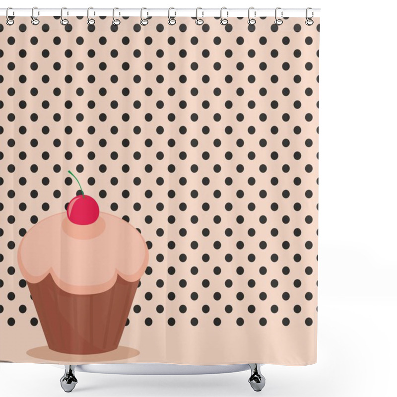 Personality  Cherry Cupcake On Black Polka Dots Pink Background Vector Illustration Shower Curtains