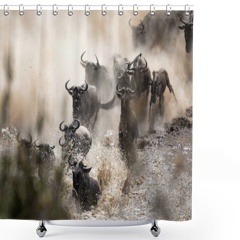 Personality  Wildebeests Crossing The Mara River During The Annual Great Migration. Every Year Millions Will Make The Dangerous Crossing When Migrating Between Tansania And The Masai Mara In Kenya. Shower Curtains