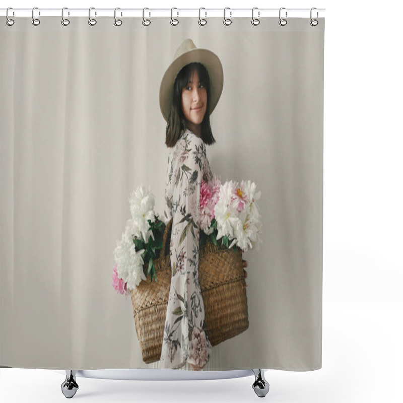 Personality  Sensual Portrait Of Boho Girl Holding Pink And White Peonies In Rustic Basket. Stylish Hipster Woman In Hat And Bohemian Floral Dress Posing With Flowers. International Womens Day. Shower Curtains