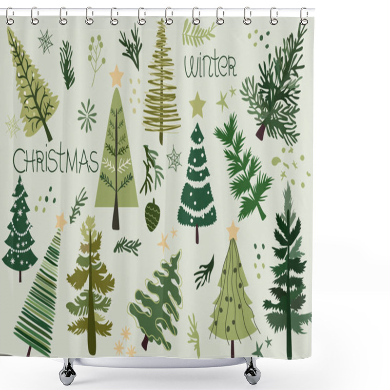 Personality  Hand-drawn Vector Collection Of Christmas Trees, Adorned With Festive Ornaments, Stars, Snowflakes. Holiday Poster Featuring Christmas Symbols. Perfect For Web, Banner, Card. Vector. Shower Curtains