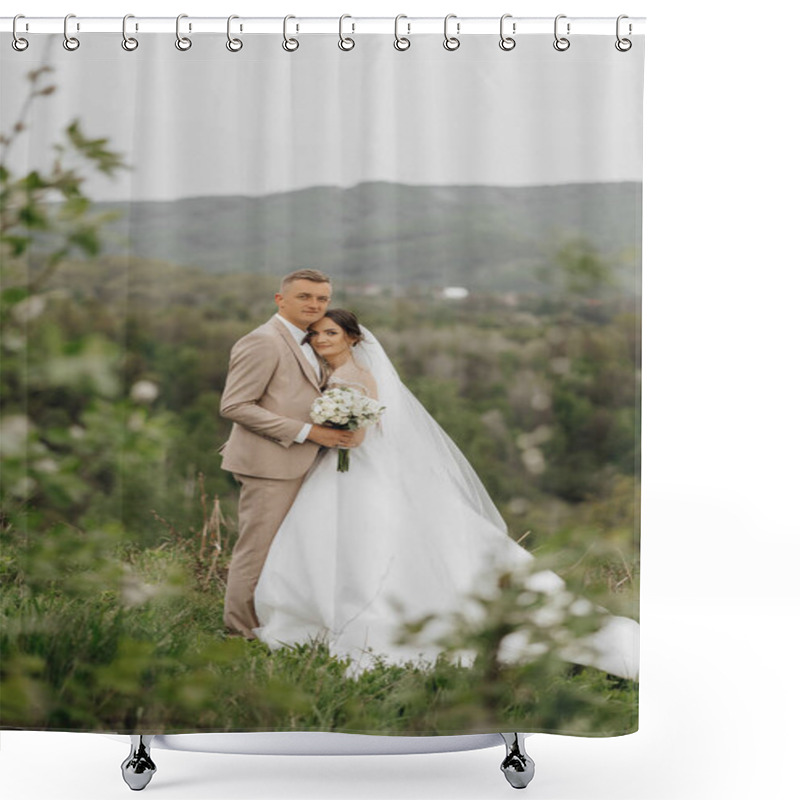 Personality  A Bride And Groom Are Standing On A Grassy Hillside, Posing For A Picture. The Bride Is Wearing A White Dress And The Groom Is Wearing A Suit. They Are Holding A Bouquet And A Bouquet Of Flowers Shower Curtains