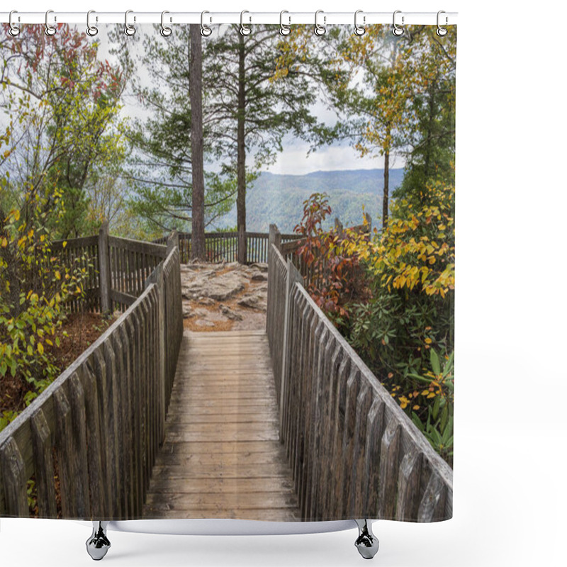 Personality  A Wooden Path At Turkey Spur Rock In New River Gorge National Park, West Virginia, Invites Visitors To Explore The Natural Beauty Of The Area. Shower Curtains