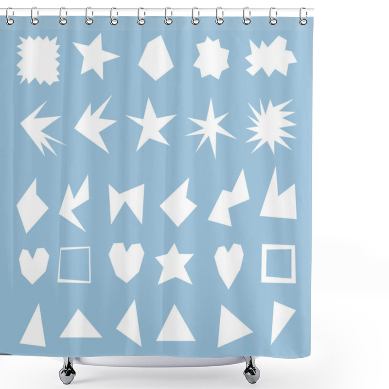 Personality  A Set Of Sharp Figures In Development. Variants Of Geometry With Sharp Corners, Dice For Text. Square Light Blue Tile. Irregular Broken Line. White Starry Figures. Primitive Flat Style. Brutal Design Shower Curtains