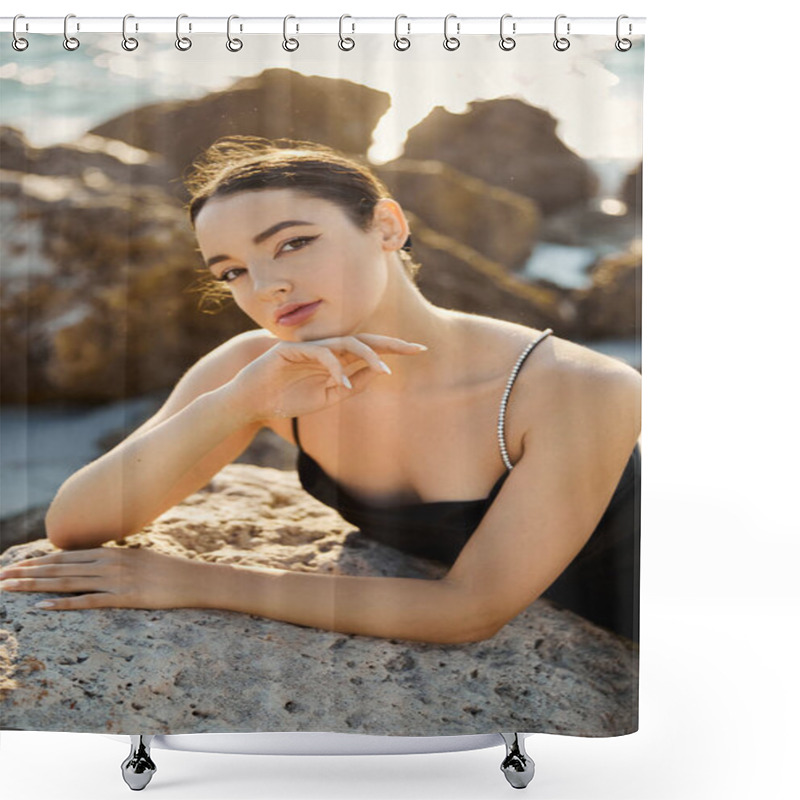 Personality  A Young Woman In A Black Sundress Relaxes On A Rock By The Ocean On Miami Beach. Shower Curtains