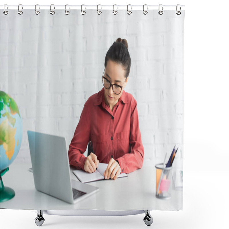 Personality  Young Teacher In Eyeglasses Working From Home Shower Curtains