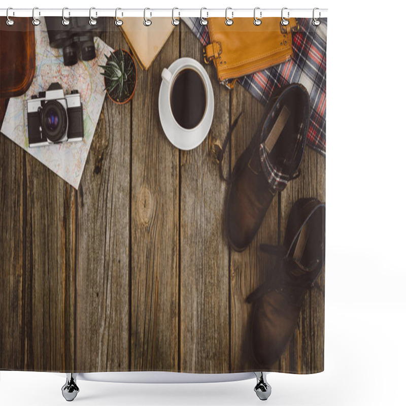 Personality  Travel Accessories Top View On Wooden Background With Copy Space Shower Curtains