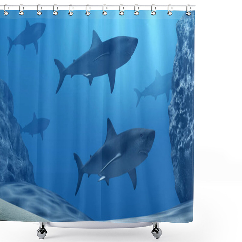 Personality  Flock Of Sharks Underwater With Sun Rays And Stones In Deep Blue Sea Shower Curtains