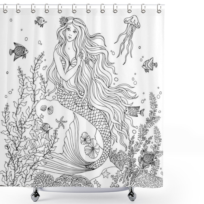 Personality  Mermaid Undersea, Hand Drawn Vector Illustration On A White Background For Coloring Book. Shower Curtains