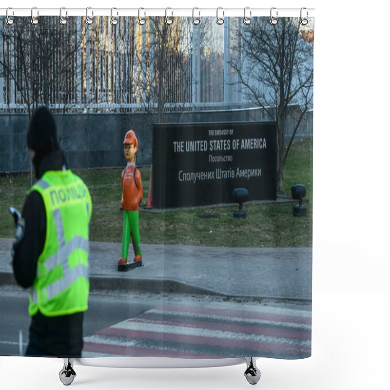 Personality  Police Officers Near The Building Of The US Embassy In Ukraine, Kyiv, Ukraine, February 2023. High Quality Photo Shower Curtains