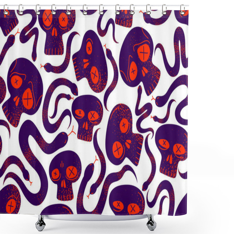 Personality  Skulls And Snakes Seamless Textile Pattern, Horror Sculls And Serpents Endless Wallpaper Background, Cartoon Style, Death And Heavy Metal Culture Music Fashion Theme. Shower Curtains