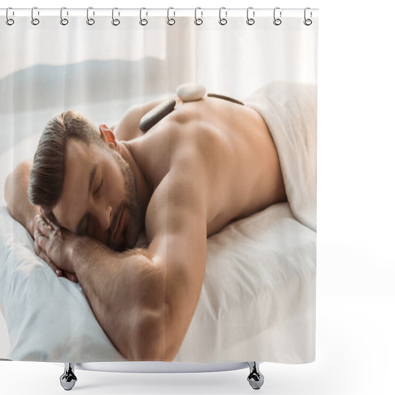 Personality  Handsome Bearded Man Lying On Massage Table And Having Hot Stone Massage  Shower Curtains