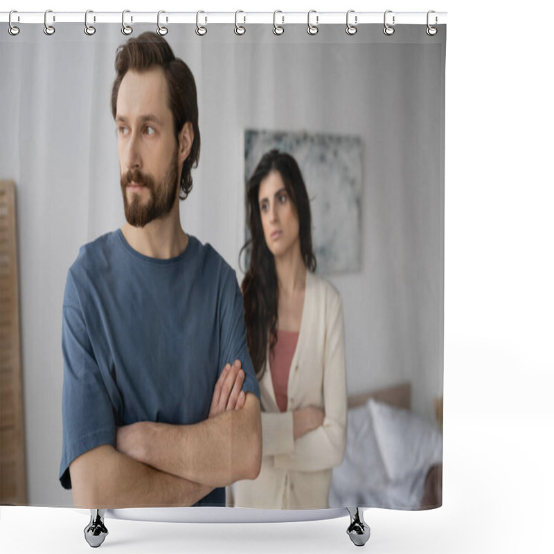 Personality  Angry Man Crossing Arms Near Blurred Girlfriend In Bedroom  Shower Curtains