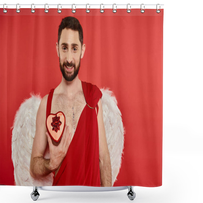 Personality  Smiling Bearded Cupid Man Showing Heart-shaped Gift Box On Red, St Valentines Day Themed Event Shower Curtains