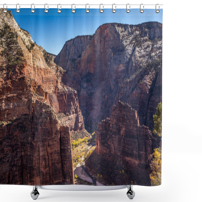 Personality  Angels Landing In Zion National Park, Utah, Offers Stunning Panoramic Views Of Towering Sandstone Cliffs And Vibrant Desert Flora. Shower Curtains