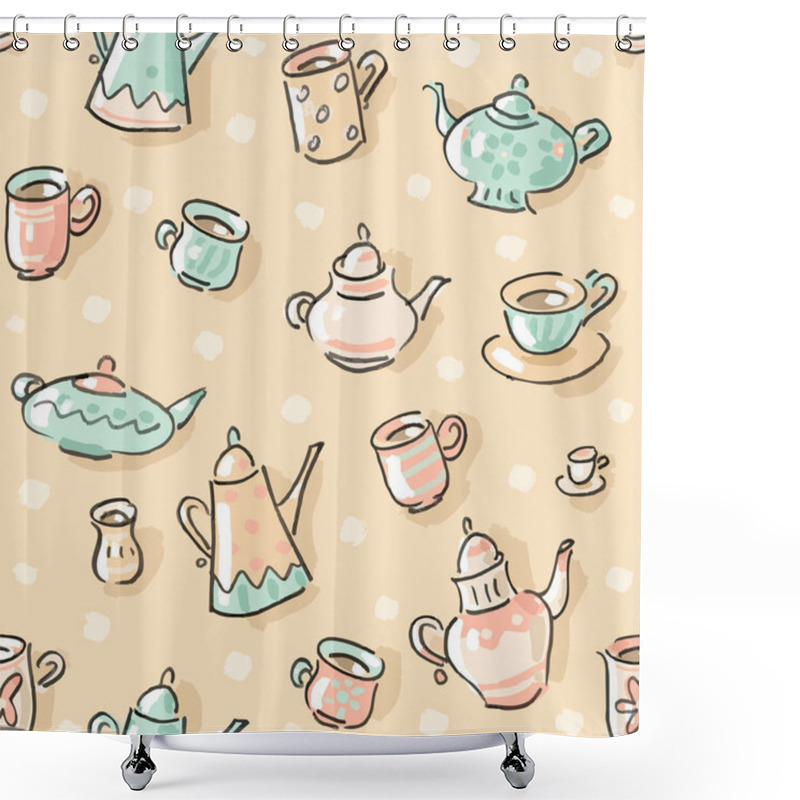 Personality  Vector Seamless Pattern With Teapots, Cups And Coffee Pots Shower Curtains