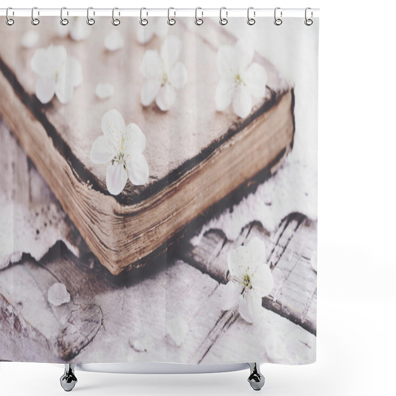 Personality  Cherry Flowers Laying Upon Old Book On Lace Doily Shower Curtains