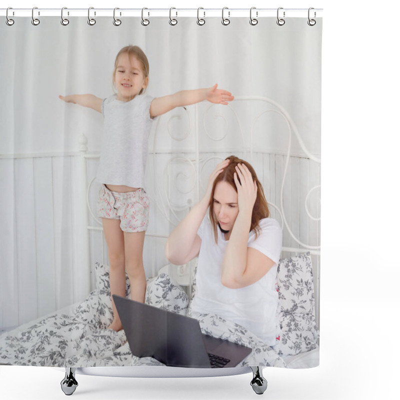 Personality  Little Girl Interferes Mom To Work At Home. Shower Curtains