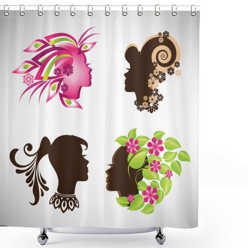 Personality  Vector Illustration Collection Set Of Abstract Beautiful Woman Silhouette In Profile With Colorful Floral Hair, Indian Woman With Tail And Necklace Shower Curtains