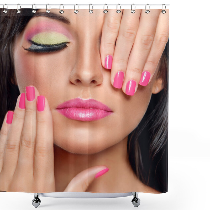 Personality  Brunette Woman With Modern Make-up And Manicure Shower Curtains