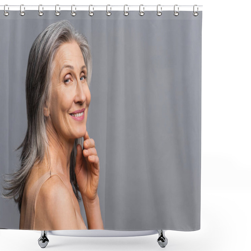 Personality  Joyful Attractive Senior Woman Smiling And Looks At The Camera Shower Curtains