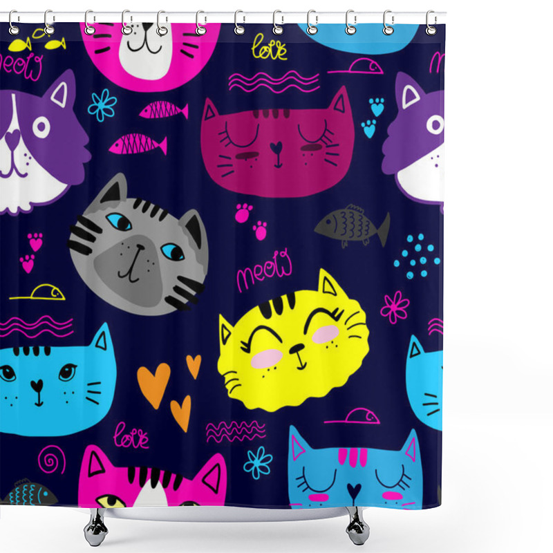 Personality  Cute Seamless Pattern With Cats. Hand Drawn Kids Backgorund For Textile, Fashion, Wrapping Paper, Graphic Tees Shower Curtains