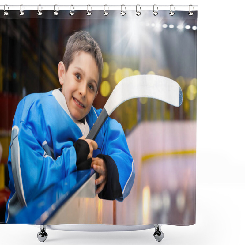 Personality  Portrait Of Happy Boy, Ice Hockey Player,  Leans On The Boards Of The Rink Shower Curtains