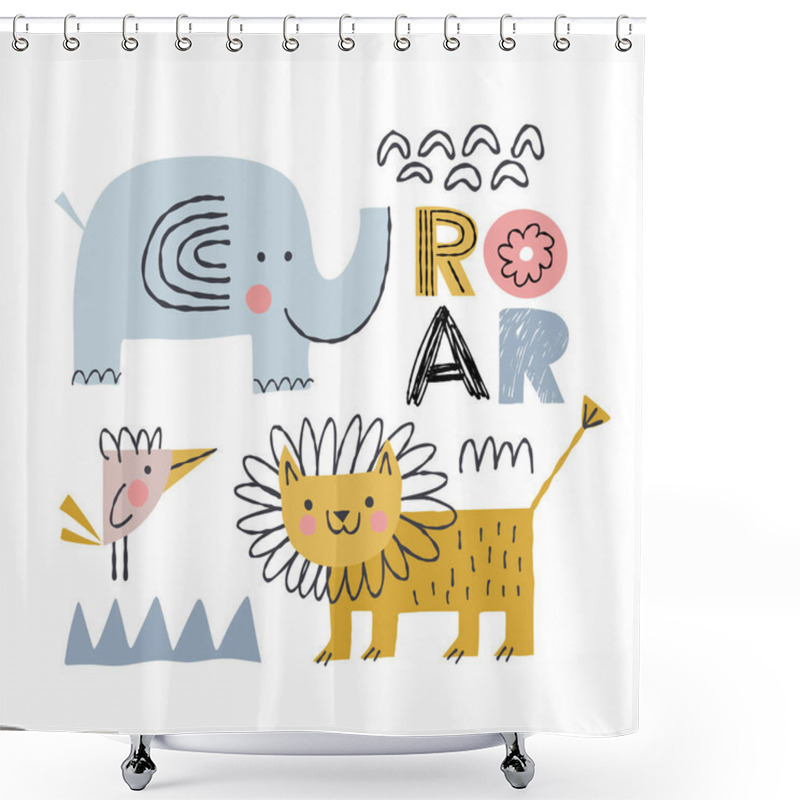 Personality  Kids Print With A Lion, An Elephant And A Bird In A Simple Cartoon Style. African Animals And Text For Printing On Children's Clothes, Textiles, Postcards, Toys. Shower Curtains