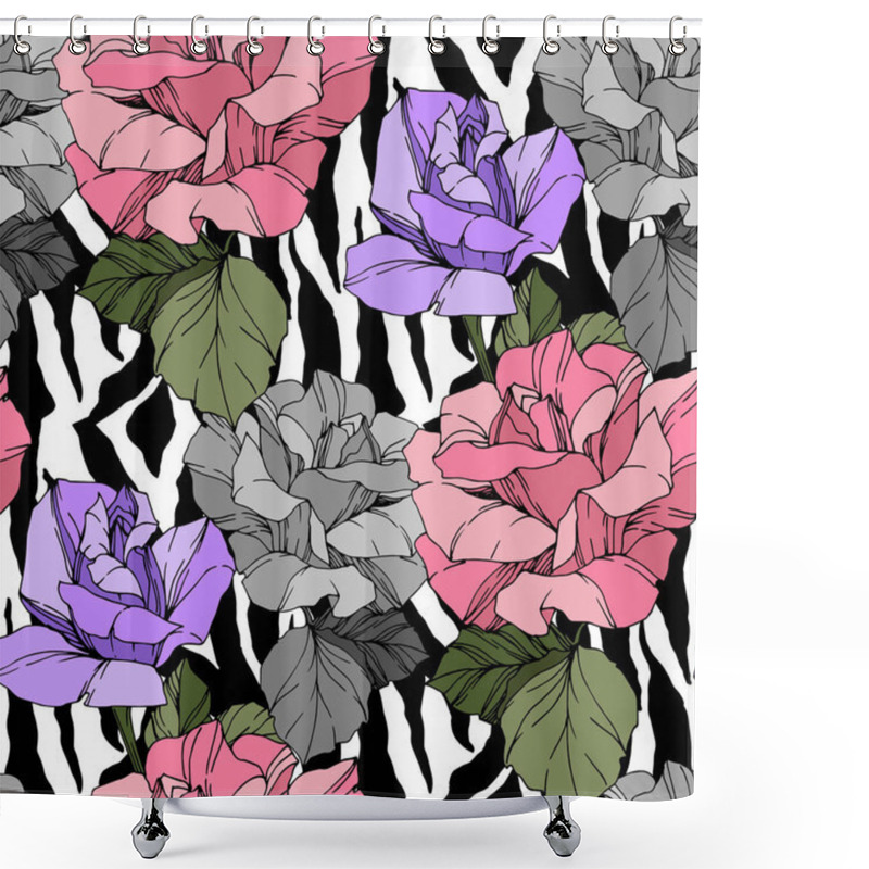 Personality  Vector Exotic Zebra Print With Botanical Flowers. Black And White Engraved Ink Art. Seamless Background Pattern. Shower Curtains